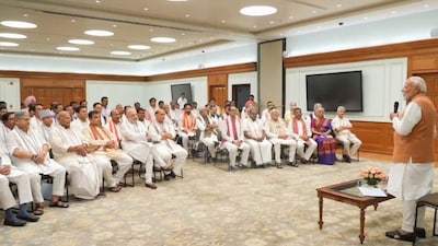 Prime Minister Narendra Modi with NDA leaders during an interaction. (PTI file photo)