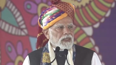 PM Modi addresses gathering in Rajasthan. 