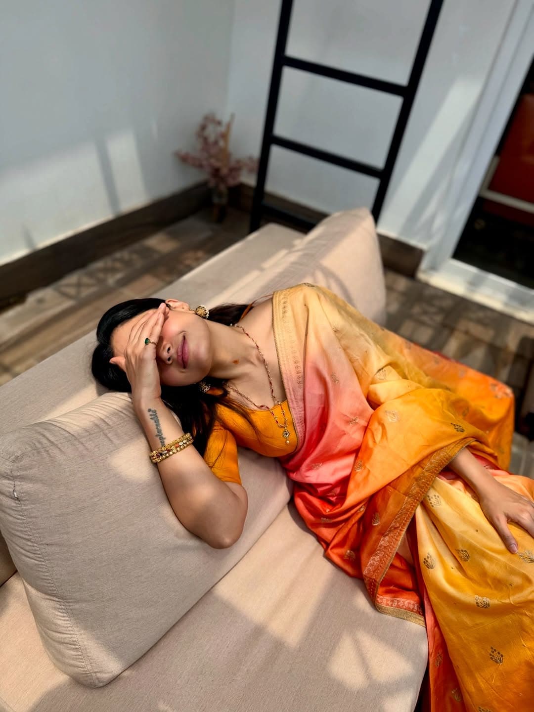 The festive season calls for a vibrant saree. This bright mustard yellow saree exudes just the right vibes. 