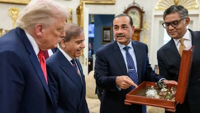 Pakistani Army Chief Asim Munir showing a wooden box purportedly containing rare earth minerals to Trump | Image: X