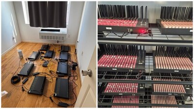 Photos shared by the agency on X showed numerous SIM cards wired into complex telecommunication hardware. (Image via X/@SecretService) 
