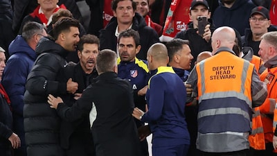 Diego Simeone was shown a red card at the end of the Liverpool vs Atletico Madrid UCL 2025/26 Groups Stage game. (X) 