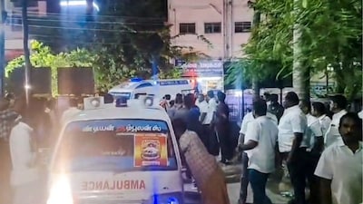 Victims being taken to hospital after a stampede-like situation was witnessed during a rally presided by Tamilaga Vettri Kazhagam chief and actor Vijay. (PTI)
