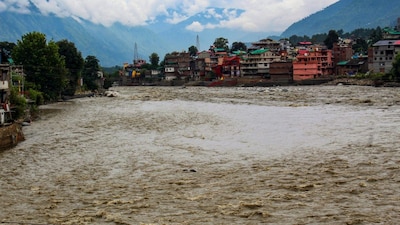 The Beas river flows in spate after heavy monsoon rainfall, in Kullu district, Himachal Pradesh, Friday, Aug. 29, 2025. (PTI)