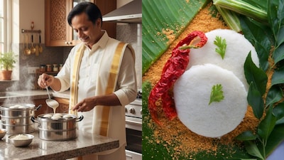 Congress MP Shashi Tharoor posted what looked like an AI-generated image of himself preparing idlis in a kitchen setup, wearing traditional attire. (Image: @ShashiTharoor/X/Shutterstock)
