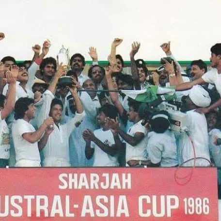 1986 – Austral-Asia Cup final at Sharjah – Pakistan beat India by 1 wicket: 
