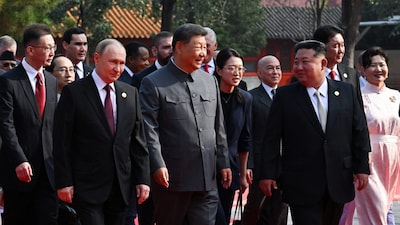Russian President Vladimir Putin, Chinese President Xi Jinping, North Korean leader Kim Jong Un and heads of foreign delegations arrive for a military parade marking the 80th anniversary of the end of World War Two, in Beijing, China September 3, 2025. (Reuters)