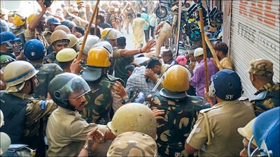 Security personnel lathi-charge protesters during a demonstration over the issue of 'I Love Mohammad' posters, in Bareilly. (PTI Image)