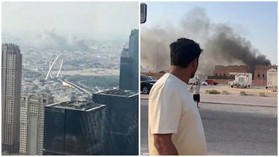 The footage shows huge plumes of black smoke rising into the sky following a series of powerful explosions. (Photos: AP/AFP)