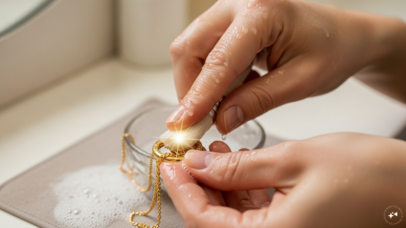 Use a soft brush or cloth to scrub gently, then rinse thoroughly. Watch your gold jewellery shine like new again! Use a soft brush or cloth to scrub gently, then rinse thoroughly. Watch your gold jewellery shine like new again!