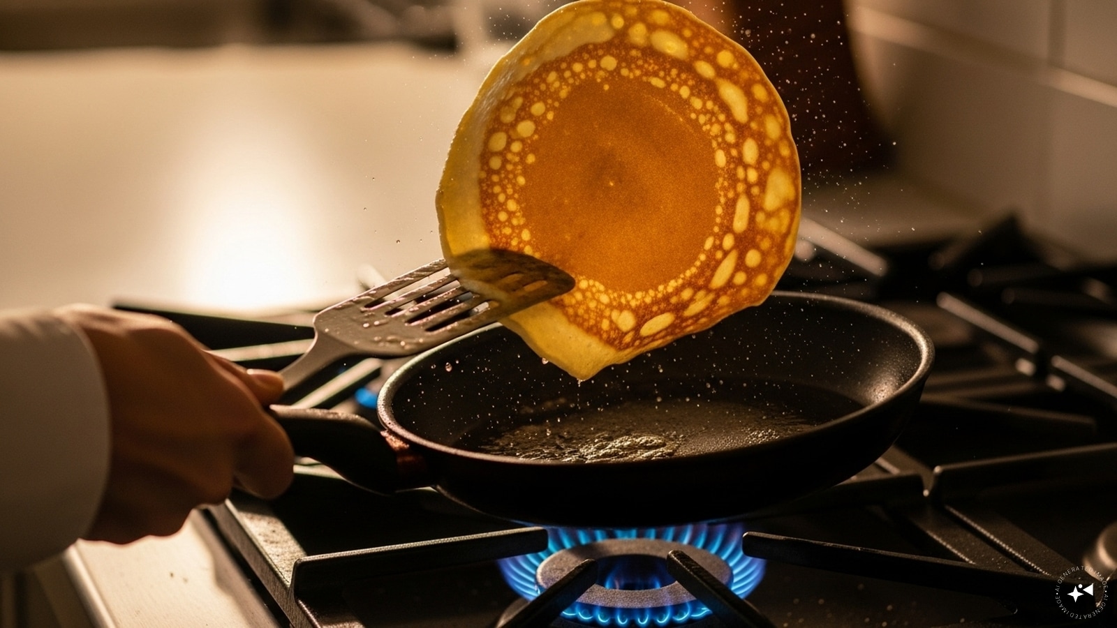 Turnover the pancake and cook the other side. Turnover the pancake and cook the other side.