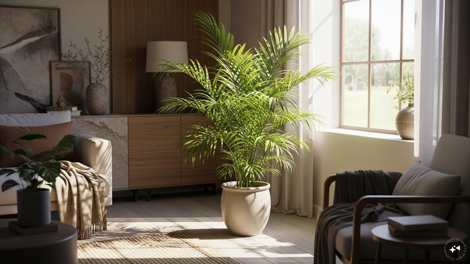 Areca Palm or Rubber Plant: Large green plants like palm or rubber plant enhance the beauty of the living room and also bring abundant positive energy to the house. (AI generated image) Areca Palm or Rubber Plant: Large green plants like palm or rubber plant enhance the beauty of the living room and also bring abundant positive energy to the house. (AI generated image)