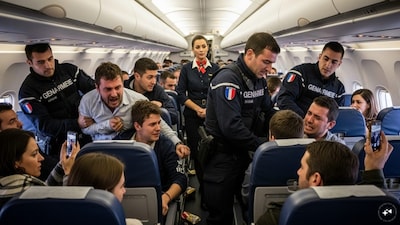 In this representative AI-generated illustration, police officers are seen restraining unruly passengers aboard a flight that was diverted after a mid-air disruption. (IMAGE: IMAGEN 4/NEWS18) 
