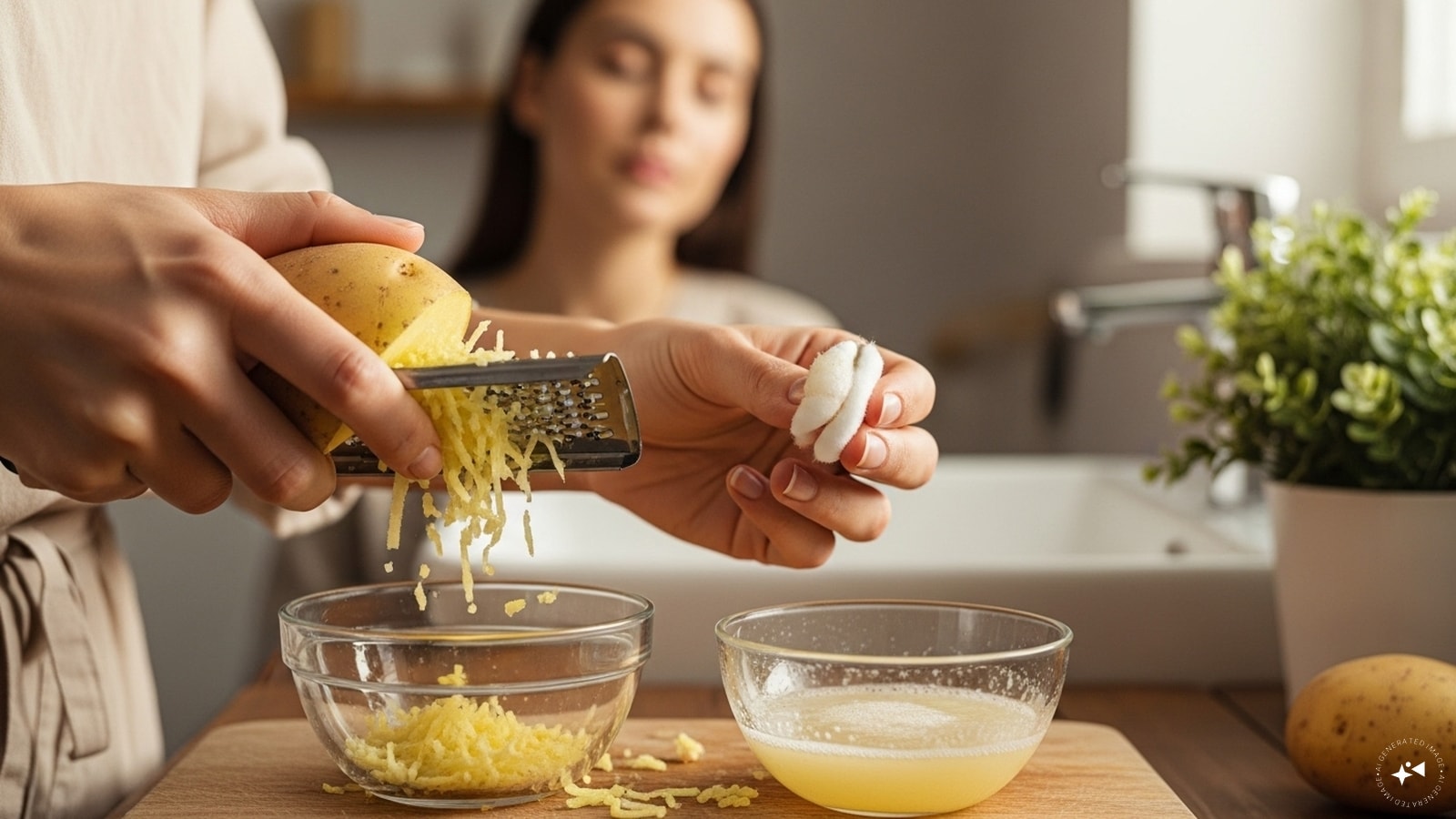 How to use: Grate a raw potato, extract the juice, and apply it using a cotton ball. Let it sit for 10 to 15 minutes before rinsing. How to use: Grate a raw potato, extract the juice, and apply it using a cotton ball. Let it sit for 10 to 15 minutes before rinsing.
