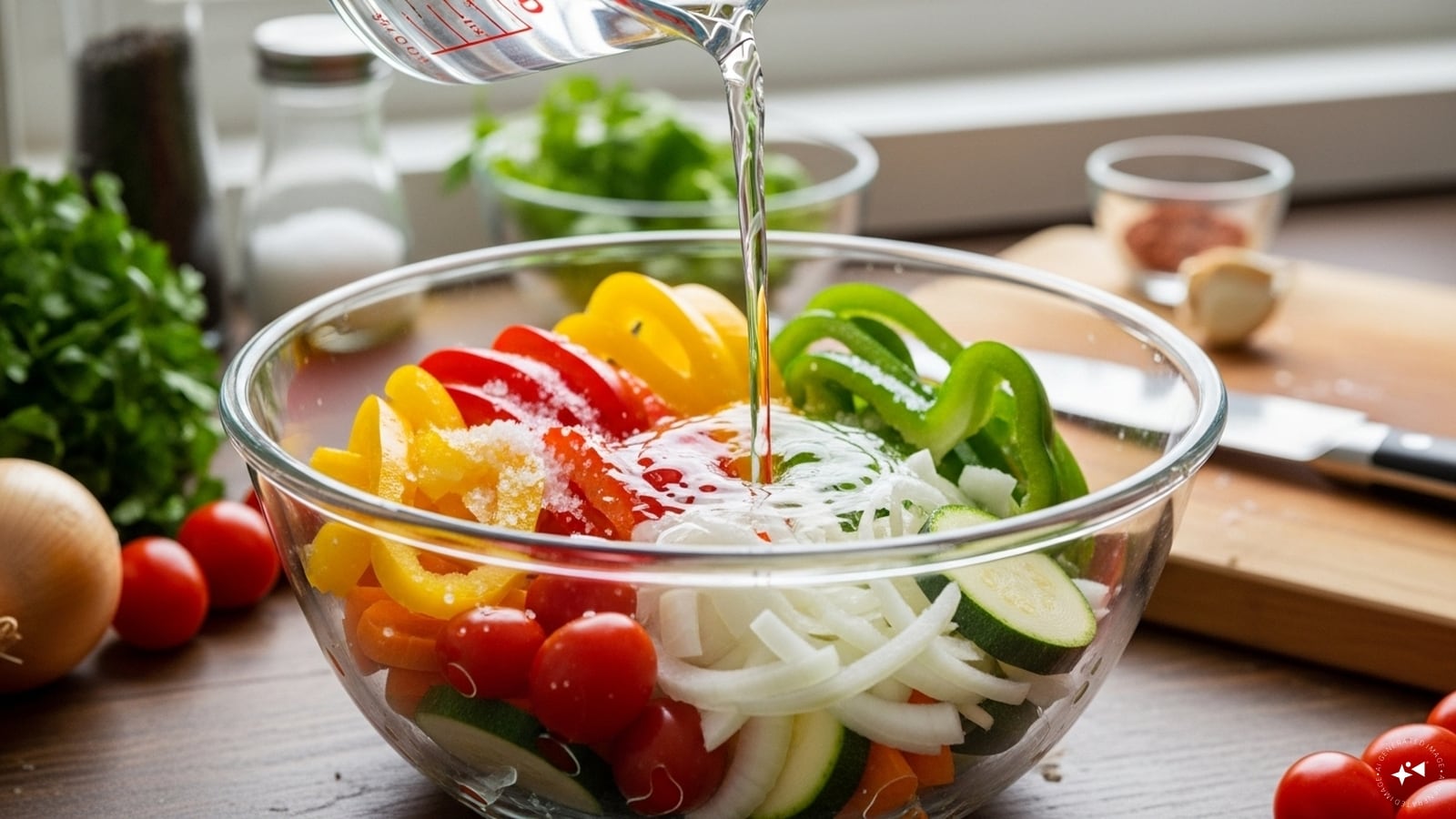 In another bowl, mix all the vegetables, salt, and ¾ cup of water. In another bowl, mix all the vegetables, salt, and ¾ cup of water.