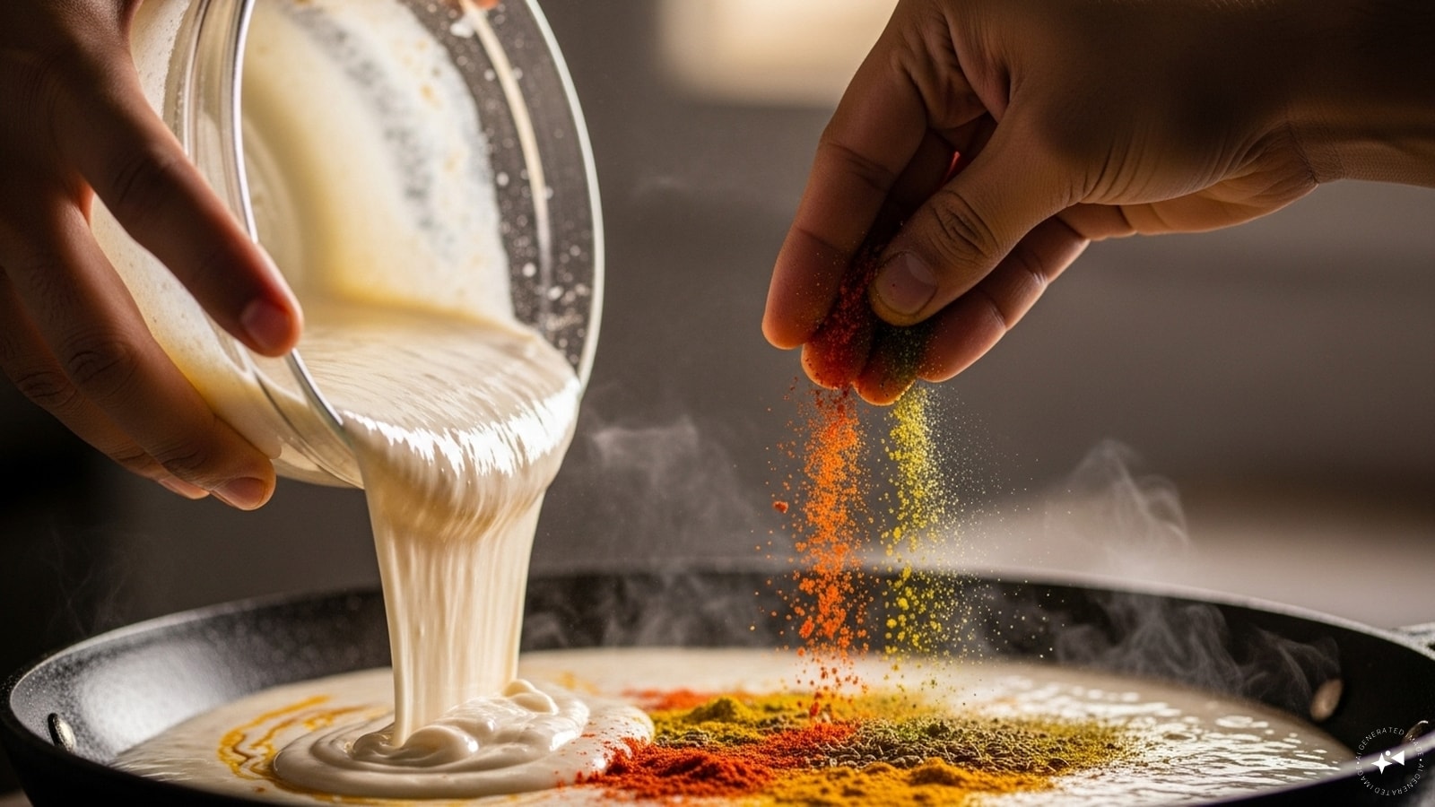 Now, pour a slurry maida and sprinkle spices. Now, pour a slurry maida and sprinkle spices.