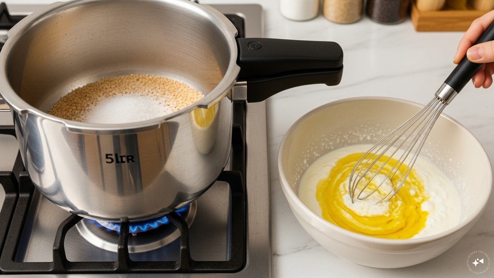 Put salt in a 5-litre pressure cooker and spread it well at the base of the cooker. Close the cooker lid, switch on the stove and pre-heat the cooker for about 6-7 minutes. As the cooker preheats, take a bowl and add the curd and oil. Whisk the mixture for about 2-3 minutes continuously. Put salt in a 5-litre pressure cooker and spread it well at the base of the cooker. Close the cooker lid, switch on the stove and pre-heat the cooker for about 6-7 minutes. As the cooker preheats, take a bowl and add the curd and oil. Whisk the mixture for about 2-3 minutes continuously.
