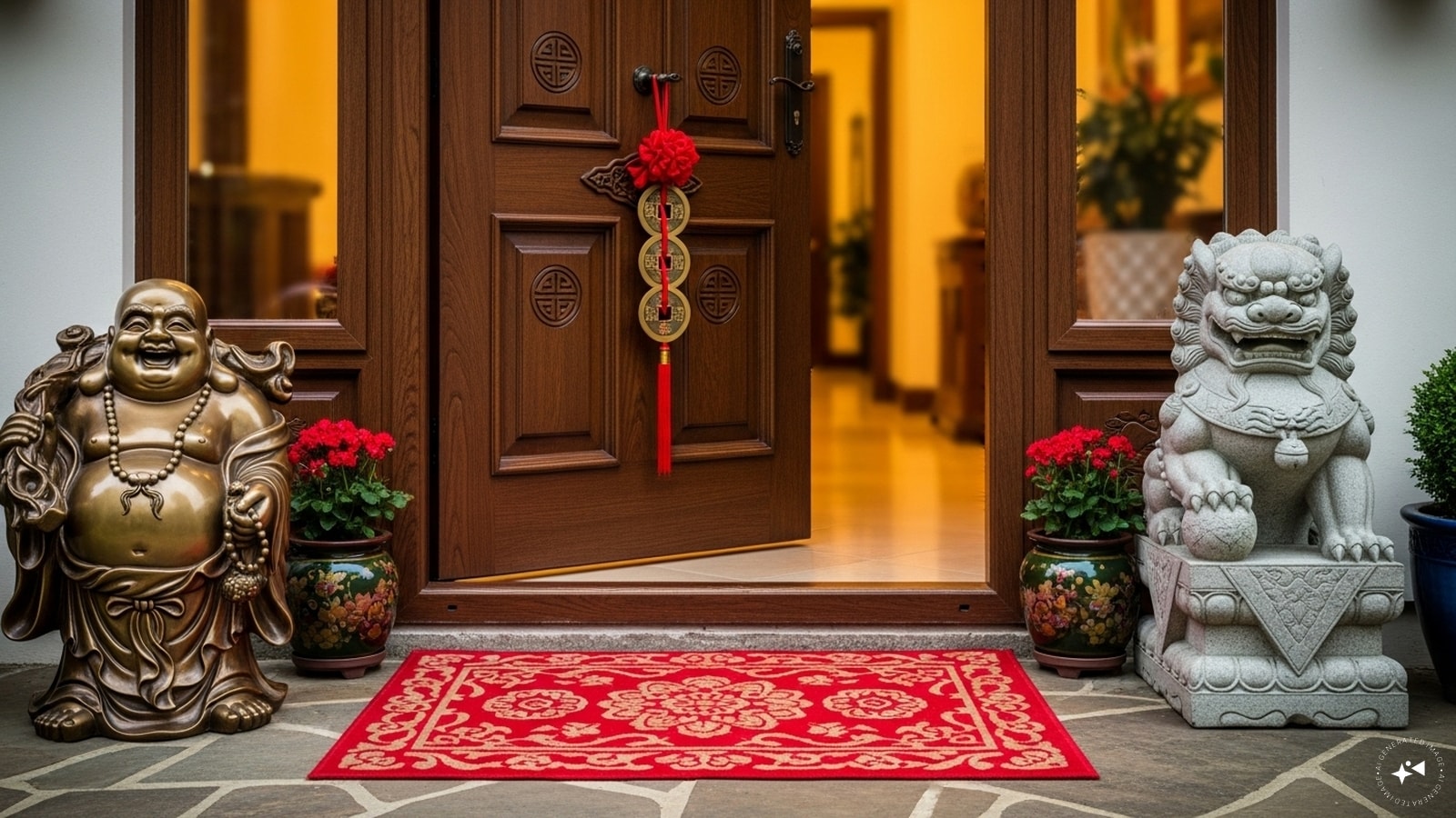 Doorway Defense: The main door is the first door for all kinds of energy to enter your house. Keep a red object near the main door, like a red door mat, ribbon, or red flower. Keep Chinese coins, Laughing Buddha, or Guardian Fu Dogs on both sides of the door. Doorway Defense: The main door is the first door for all kinds of energy to enter your house. Keep a red object near the main door, like a red door mat, ribbon, or red flower. Keep Chinese coins, Laughing Buddha, or Guardian Fu Dogs on both sides of the door.