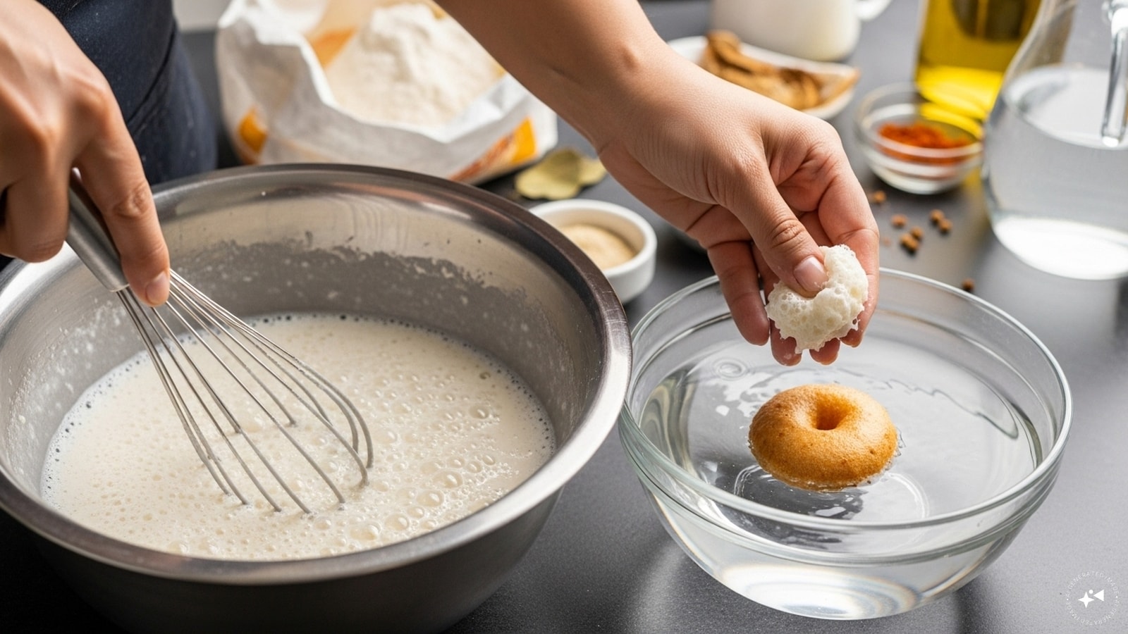 Aerate: Whisk the batter to make it airy. This will result in spongy vadas. Perform the float test, if it sinks, keep whishing until its floats. Aerate: Whisk the batter to make it airy. This will result in spongy vadas. Perform the float test, if it sinks, keep whishing until its floats.