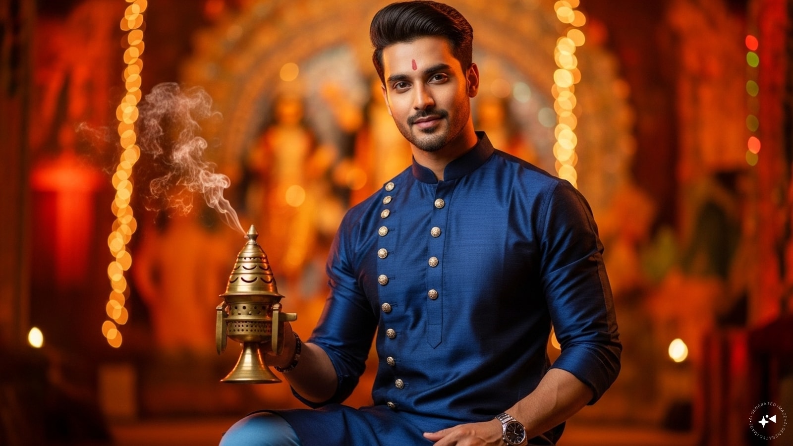 Festive Look: “Design a portrait of a man in a rich navy blue kurta with golden button accents, paired with fitted churidar pyjamas. He holds a decorative dhunuchi in one hand, set against the warm glow of pandal lights in the background.” Festive Look: “Design a portrait of a man in a rich navy blue kurta with golden button accents, paired with fitted churidar pyjamas. He holds a decorative dhunuchi in one hand, set against the warm glow of pandal lights in the background.”