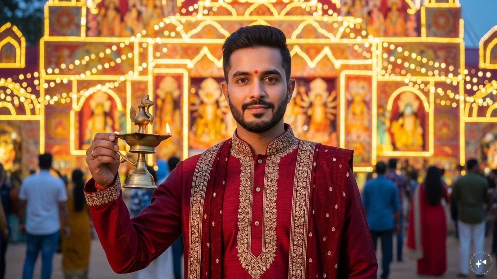 Royal Heritage Look:“Generate a portrait of a man in a regal maroon kurta with intricate gold embroidery, paired with a matching shawl draped over one shoulder. He holds a traditional brass lamp, with a grand Durga Puja pandal lit up in the background.” Royal Heritage Look:“Generate a portrait of a man in a regal maroon kurta with intricate gold embroidery, paired with a matching shawl draped over one shoulder. He holds a traditional brass lamp, with a grand Durga Puja pandal lit up in the background.”