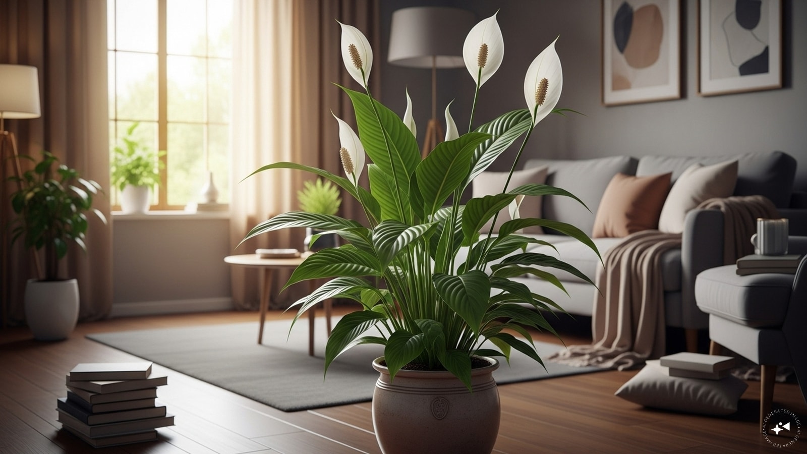 Peace Lily: This plant purifies the atmosphere of the house and reduces stress. It is auspicious to keep it in the north-east or east direction of the living room. (AI generated image) Peace Lily: This plant purifies the atmosphere of the house and reduces stress. It is auspicious to keep it in the north-east or east direction of the living room. (AI generated image)