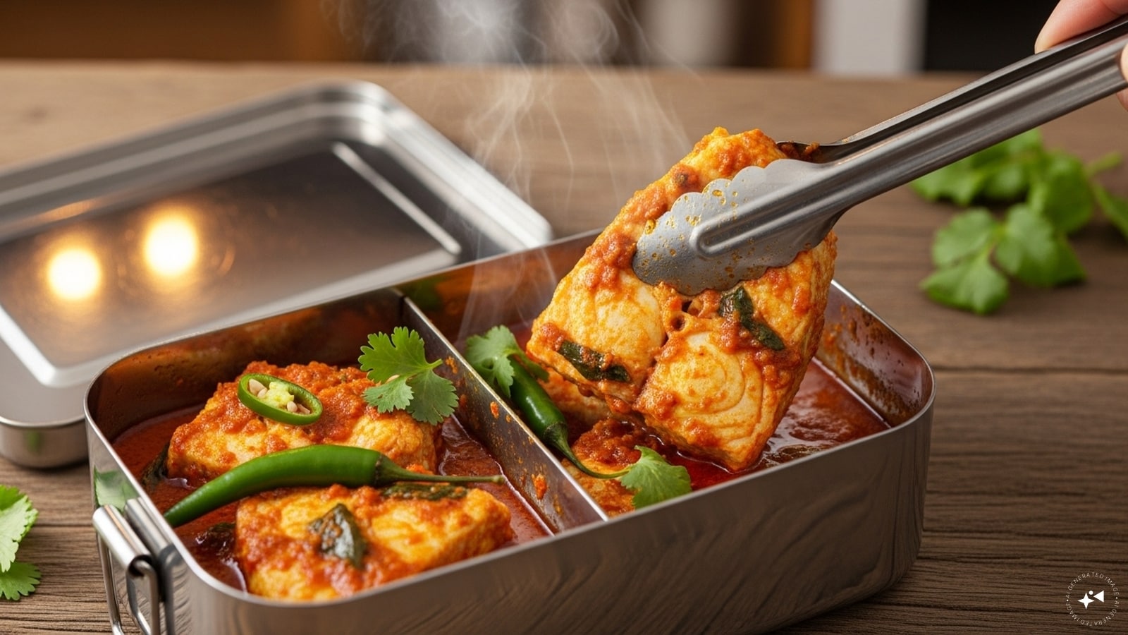 After 15 minutes, remove from the heat, open the tiffin box and turn the fish over again so that the spices penetrate well into the fish. Be careful not to break the fish in any way. After 15 minutes, remove from the heat, open the tiffin box and turn the fish over again so that the spices penetrate well into the fish. Be careful not to break the fish in any way.
