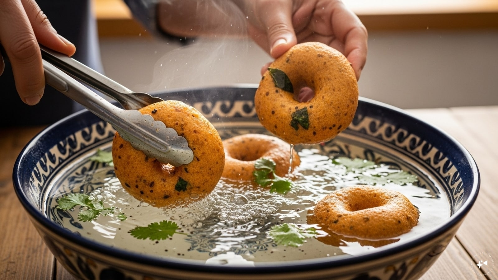Soak Water: After frying the vadas, transfer them immediately into warm water. This prevents the crisp texture from developing on the surface. Soak Water: After frying the vadas, transfer them immediately into warm water. This prevents the crisp texture from developing on the surface.