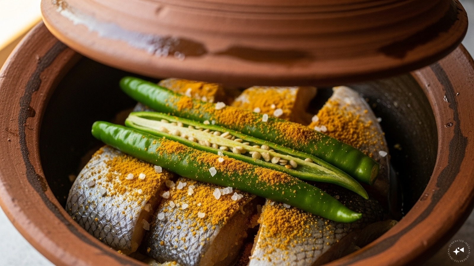 Now, according to the size of the fish, cut a few green chilies and place them in between the fish. Sprinkle a little salt and turmeric powder on top and close the lid of the bowl. Now, according to the size of the fish, cut a few green chilies and place them in between the fish. Sprinkle a little salt and turmeric powder on top and close the lid of the bowl.