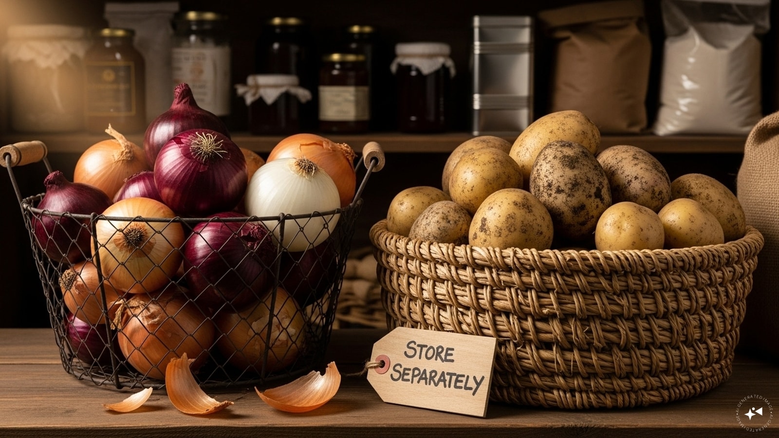 Store Onions and Potatoes Separately: Keeping them together makes them spoil faster. Store in a cool, dry place — separately — and they'll last weeks longer. Store Onions and Potatoes Separately: Keeping them together makes them spoil faster. Store in a cool, dry place — separately — and they'll last weeks longer.