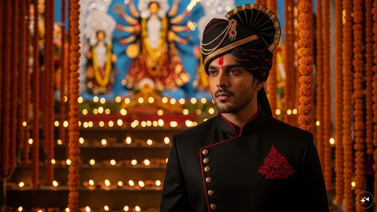 Mordern Fusion: “Create a cinematic portrait of a man in a sleek black sherwani with subtle red accents, paired with a stylish pagri. The background should feature a vibrant Durga Puja setting, adorned with diyas and marigold garlands.” Mordern Fusion: “Create a cinematic portrait of a man in a sleek black sherwani with subtle red accents, paired with a stylish pagri. The background should feature a vibrant Durga Puja setting, adorned with diyas and marigold garlands.”