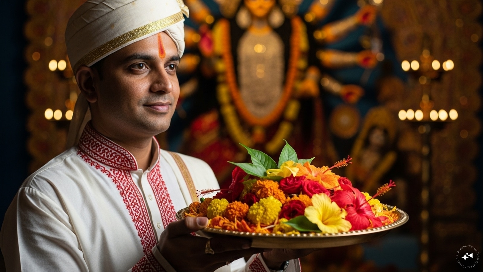 Cultural Attire: “Generate a portrait of a man in traditional attire, holding a decorated plate with puja flowers. He wears a white kurta with red and gold motifs, complemented by a subtle pagri. The background features a blurred Durga idol with soft diya lighting.” Cultural Attire: “Generate a portrait of a man in traditional attire, holding a decorated plate with puja flowers. He wears a white kurta with red and gold motifs, complemented by a subtle pagri. The background features a blurred Durga idol with soft diya lighting.”
