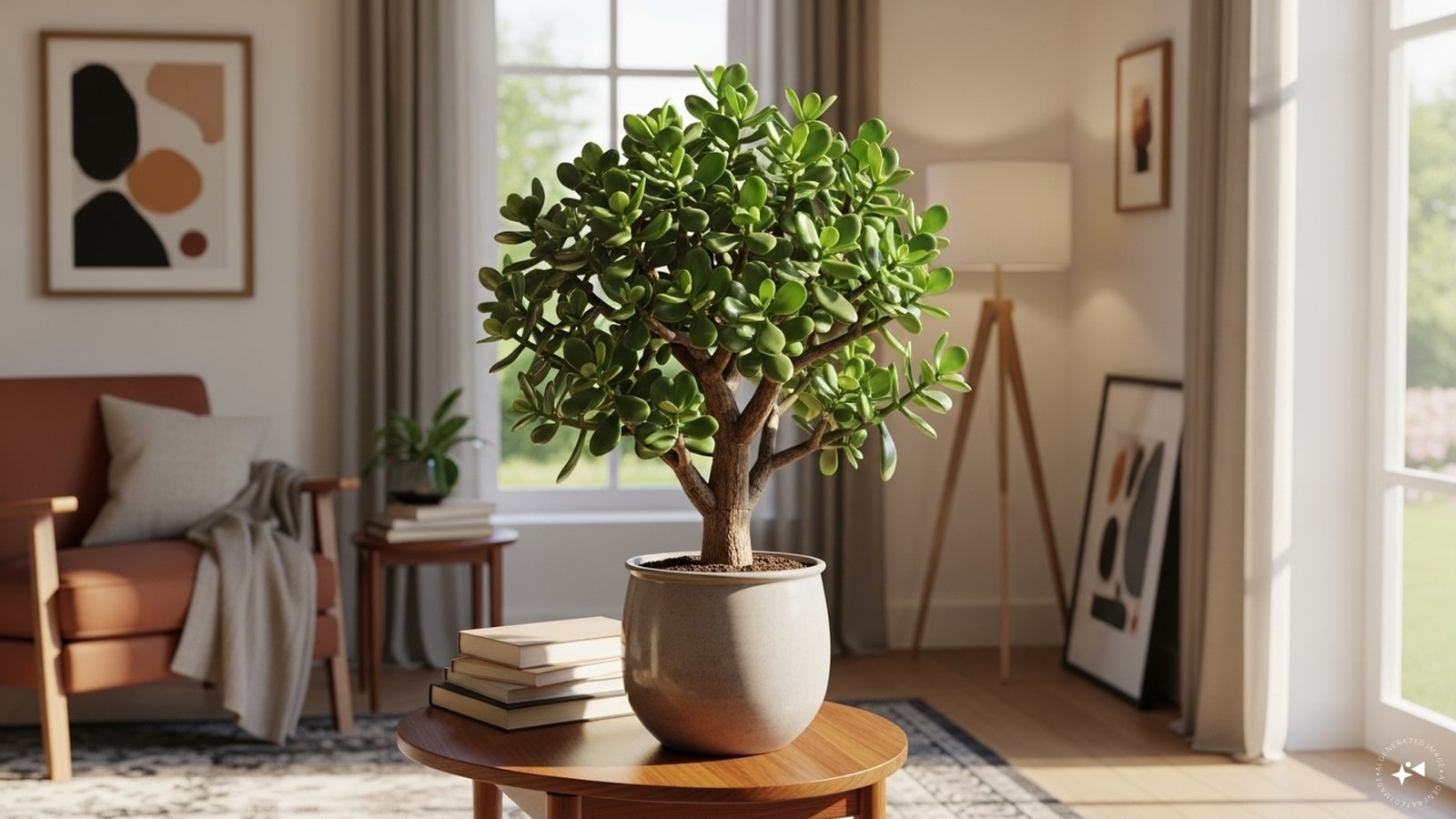Living room or drawing room: Keeping the jade plant in the living room keeps the atmosphere of the house positive and energetic. It helps in building harmony and good relationships between family members and guests. (AI generated image)