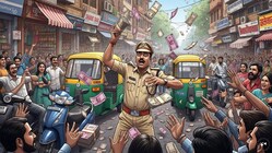In this AI-generated representative image, a South Delhi street bustles with chaos as stunned pedestrians scramble to grab floating ₹500 notes, moments after a police officer tossed the bribe money into the air in a failed bid to evade a vigilance raid. (IMAGE: IMAGEN 4/NEWS18)