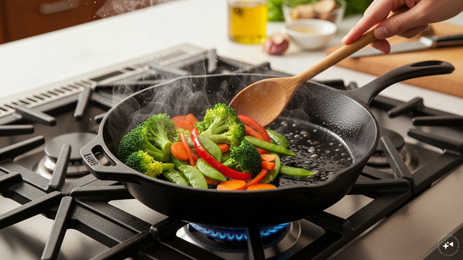 Heat a skillet, pour vegetable oil and add the vegetables. Heat a skillet, pour vegetable oil and add the vegetables.