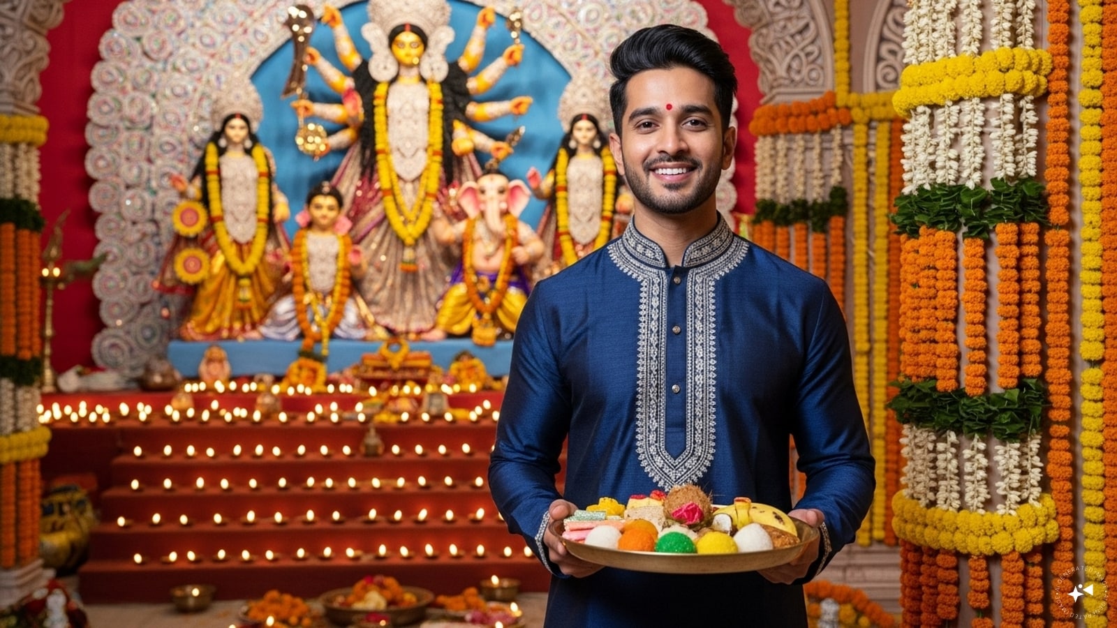 Contemporary Devotion: “Create a portrait of a man in a modern navy blue kurta with silver detailing, paired with a simple yet stylish churidar. He holds a plate of prasad, with a vibrant Durga Puja backdrop, complete with diyas and colorful floral decorations.” Contemporary Devotion: “Create a portrait of a man in a modern navy blue kurta with silver detailing, paired with a simple yet stylish churidar. He holds a plate of prasad, with a vibrant Durga Puja backdrop, complete with diyas and colorful floral decorations.”