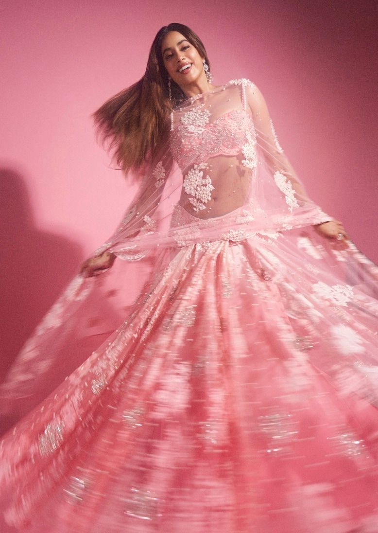 Bring an end to the Navratri festivities in a pastel pink sheer pink lehenga, inspired by this Janhvi Kapoor look