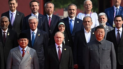 World leaders at the Chinese military parade to commemorate the 80th anniversary of Japan's World War II surrender held in front of Tiananmen Gate in Beijing on Wednesday. (AP)