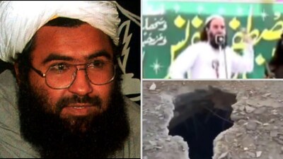 (Clockwise from left) Masood Azhar, Masood Ilyas Kashmiri  and a picture of Bahawalpur facility released by BJP on X after Operation Sindoor. (File/X) 