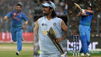 (From left) Suresh Raina, MS Dhoni and Yuvraj Singh. (AFP Photo)