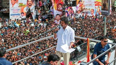 Tamilaga Vettri Kazhagam (TVK) chief and actor Vijay addresses supporters during a rally, in Namakkal. (PTI file photo) 