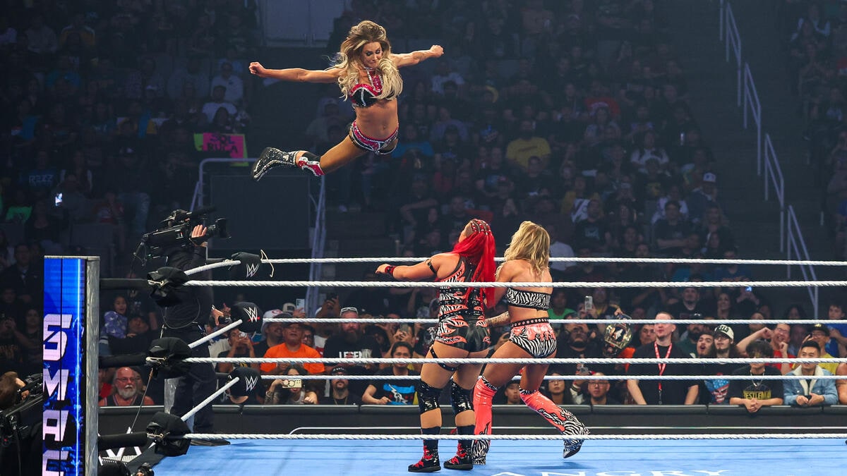 Charlotte Flair and Alexa Bliss beat Sol Ruca and Zarina. (WWE) Charlotte Flair and Alexa Bliss beat Sol Ruca and Zarina. (WWE)