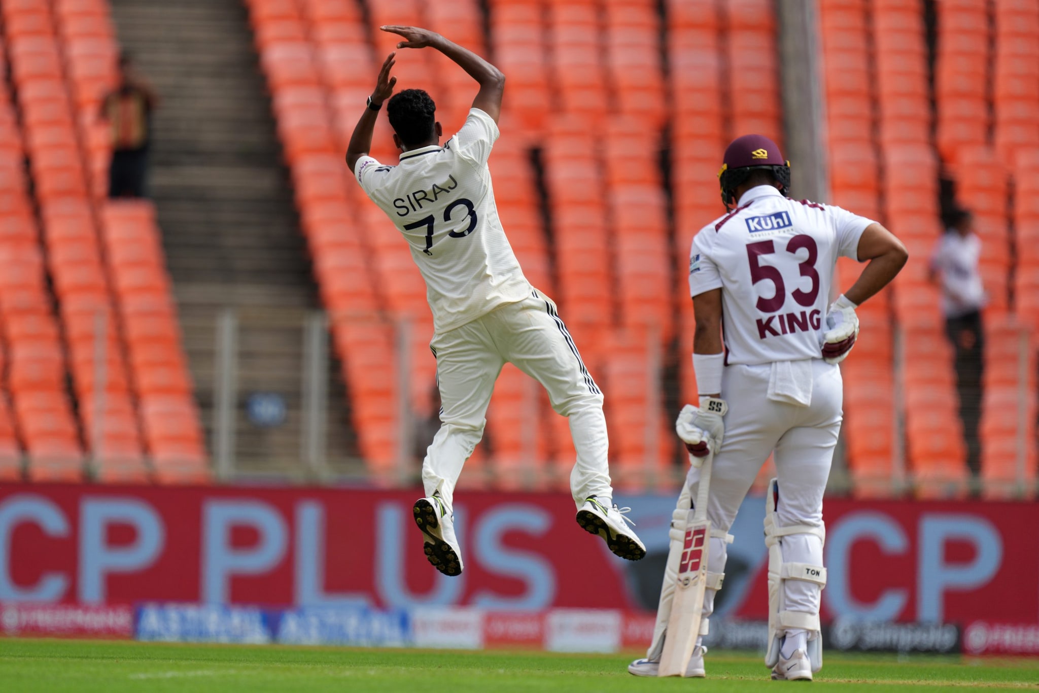 Star batter Brandon King then tried to go behind Siraj and smacked him for a boundary on the penultimate delivery of the 10th over, but the latter came back with a bang and dislodged his middle stump, following it up with a customary ‘Siuuu’ celebration. Star batter Brandon King then tried to go behind Siraj and smacked him for a boundary on the penultimate delivery of the 10th over, but the latter came back with a bang and dislodged his middle stump, following it up with a customary ‘Siuuu’ celebration.