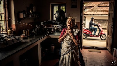 The elderly woman was reportedly working in her kitchen when a man, with his face obscured by a helmet, suddenly barged into the house. He allegedly grabbed the woman from behind, forcibly snatched the gold chain, and immediately fled the scene on a scooter. Representational image/AI-generated