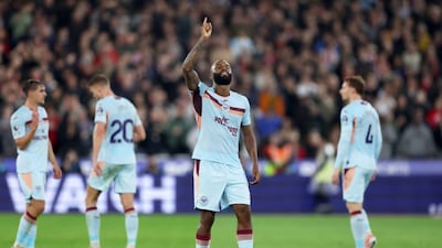 Brentford's Igor Thiago celebrates scoring during the English Premier League soccer match between West Ham United and Brentford at the London Stadium, London, Monday Oct. 20, 2025. (Steven Paston/PA via AP)

