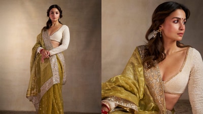 Alia Bhatt radiated festive elegance in the couture saree styled with a chikankari blouse.