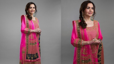 Instead of her signature saris, Nita opted for a striking rani pink kurta set from designer Sangeeta Kilachand’s collection