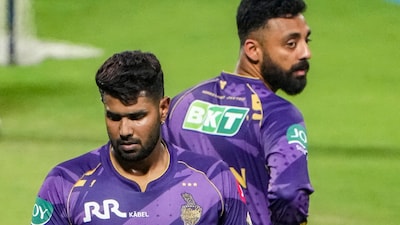 Varun Chakaravarthy bowling with Harshit Rana in the KKR nets (PTI)