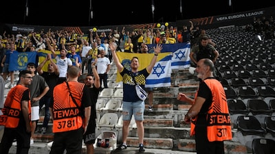 Maccabi Tel Aviv's fans chant slogans at the end of the Europa League match against PAOK. (AP/File Photo)
