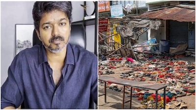 A photo of TVK chief Vijay/ the aftermath of the stampede in Karur (PTI)